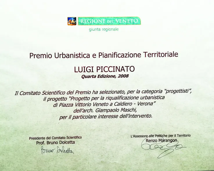 Premio per l’Urbanistica e la Pianificazione Territoriale per il progetto di Piazza Vittorio Veneto a Caldiero