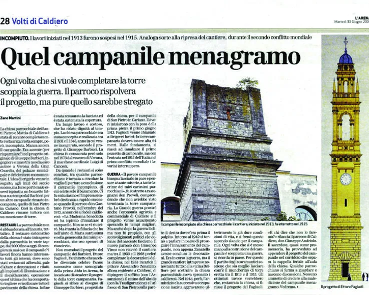 In "L'Arena" Ricostruzione del progetto incompiuto del campanile della chiesa dei Santi Pietro e Mattia dell'Arc. Ettore Fagiuoli (1913)