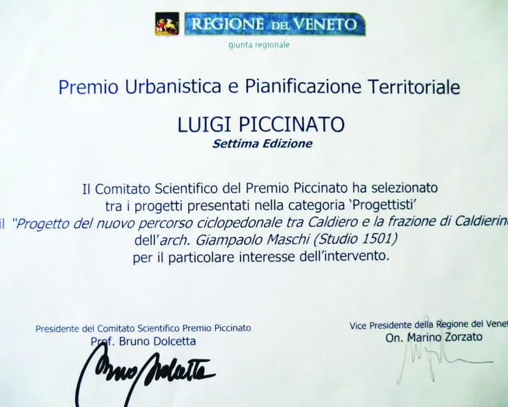 Premio per l'Urbanistica e la Pianificazione Territoriale per il progetto del nuovo percorso ciclopedonale tra Caldiero e Caldierino